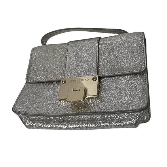 Jimmy Choo Rebel Mini Glitter Silver Leather Cross Body Bag Gold Snap $1,005 - Picture 3 of 11